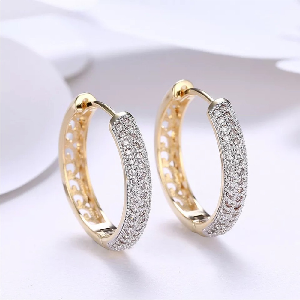 New Yellow Gold Plated Diamond Round Hoop Earrings - Picture 4 of 6